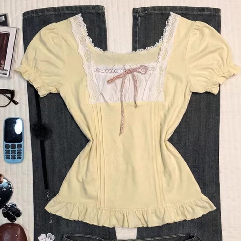 Original Yellow Sweet Lace Patchwork Puff Sleeve … - image 1